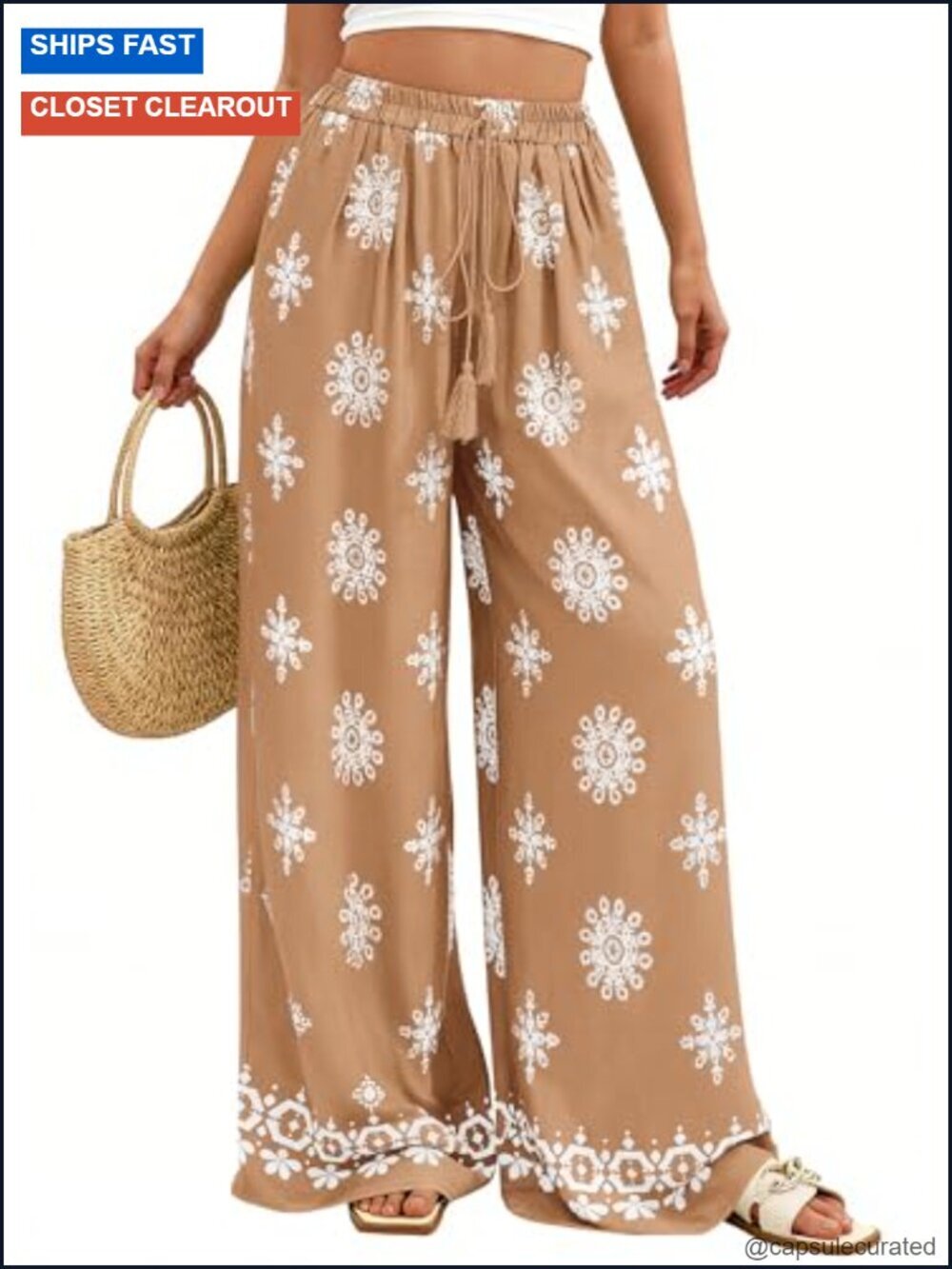 Wide Leg Flowy Boho Pants with Pockets High Waist Tassels